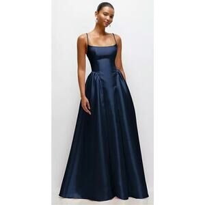 Dessy Collection Blue Scoop Neck Basque Skirt Satin Maxi Dress Formal Wedding 0